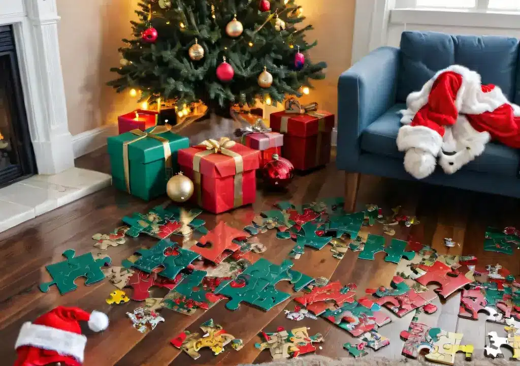 A Christmas-Themed Puzzle With Pieces Scattered On The Floor