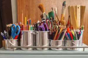 Pencils and stencils in a bucket