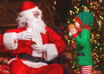 Santa and A Kid Drinking Milk and Eating Cookies, Aussie Snacks for Santa