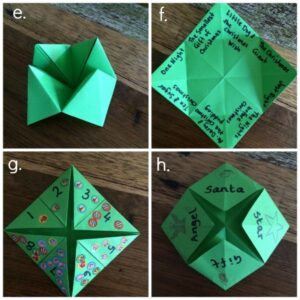 A green paper chatter box with labels on it
