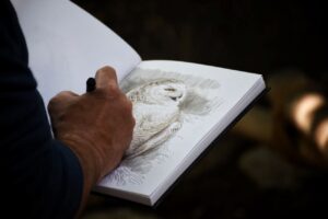 A man drawing an owl on his book