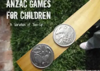 ANZAC Game for Kids. Two Coins On A Piece Of Wood